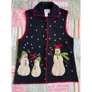 VTG Coldwater Creek Wool Christmas Vest SZS Hand Embroidered Kitchy Snowman